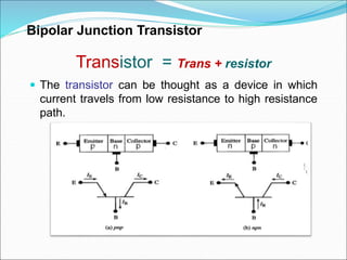 Transistor = Trans + resistor
 The transistor can be thought as a device in which
current travels from low resistance to high resistance
path.
Bipolar Junction Transistor
 