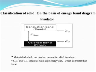 Classification of solid: On the basis of energy band diagram
• Material which do not conduct current is called insulator.
• C.B. and V.B. separates with large energy gap, which is greater than
5 eV.
Insulator
 