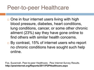 Peer-to-peer Healthcare
 One in four internet users living with high
blood pressure, diabetes, heart conditions,
lung conditions, cancer, or some other chronic
ailment (23%) say they have gone online to
find others with similar health concerns.
 By contrast, 15% of internet users who report
no chronic conditions have sought such help
online.
Fox, Suzannah. Peer-to-peer Healthcare. Pew Internet Survey Results.
http://pewinternet.org/Reports/2011/P2PHealthcare.aspx
 