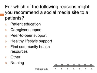Enter Question Text
A. Patient education
B. Caregiver support
C. Peer-to-peer support
D. Healthy lifestyle support
E. Find community health
resources
F. Other
G. Nothing
A. B. C. D. E. F. G.
0% 0% 0% 0%
0%
0%
0%
For which of the following reasons might
you recommend a social media site to a
patients?
Pick up to 6
 