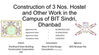 Construction of 3 Nos. Hostel
and Other Work in the
Campus of BIT Sindri,
Dhanbad
Client:
Jharkhand State Building
Construction Corporation
Ltd.
Consultant:
Mass N Void Design
Consultants (A Pranav Group)
Agency:
M/S Niranjan Rai
Agreement No. – 06-SBD/2022-2023
Agreement Value – 76,39,80,420.00
Agreement Date – 14/03/2023
Completion Date – 13/03/2025
 