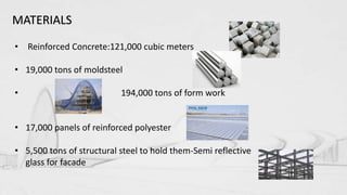 • Reinforced Concrete:121,000 cubic meters
• 19,000 tons of moldsteel
• 194,000 tons of form work
• 17,000 panels of reinforced polyester
• 5,500 tons of structural steel to hold them-Semi reflective
glass for facade
MATERIALS
 