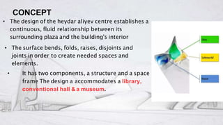 • The design of the heydar aliyev centre establishes a
continuous, fluid relationship between its
surrounding plaza and the building's interior
• The surface bends, folds, raises, disjoints and
joints in order to create needed spaces and
elements.
• It has two components, a structure and a space
frame The design a accommodates a library,
conventional hall & a museum.
CONCEPT
 
