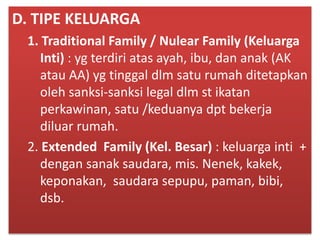 D. TIPE KELUARGA
1. Traditional Family / Nulear Family (Keluarga
Inti) : yg terdiri atas ayah, ibu, dan anak (AK
atau AA) yg tinggal dlm satu rumah ditetapkan
oleh sanksi-sanksi legal dlm st ikatan
perkawinan, satu /keduanya dpt bekerja
diluar rumah.
2. Extended Family (Kel. Besar) : keluarga inti +
dengan sanak saudara, mis. Nenek, kakek,
keponakan, saudara sepupu, paman, bibi,
dsb.
 