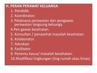 H. PERAN PERAWAT KELUARGA
1. Pendidik.
2. Koordinator;
3. Pelaksana perawatan dan pengawas
perawatan langsung keluarga.
4.Pen gawas kesehatan.
5. Konsultan / penasehat masalah kesehatan.
6. Kolaborator.
7. Advokasi
8. Fasilitator
9. Penemu kasus/ masalah kesehatan.
10.Modifikasi lingkungan (ling rumah atau limas)
 