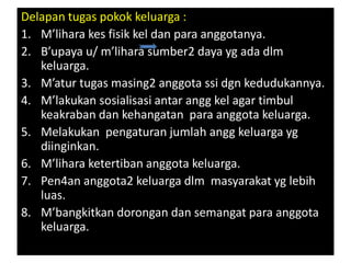 Delapan tugas pokok keluarga :
1. M’lihara kes fisik kel dan para anggotanya.
2. B’upaya u/ m’lihara sumber2 daya yg ada dlm
keluarga.
3. M’atur tugas masing2 anggota ssi dgn kedudukannya.
4. M’lakukan sosialisasi antar angg kel agar timbul
keakraban dan kehangatan para anggota keluarga.
5. Melakukan pengaturan jumlah angg keluarga yg
diinginkan.
6. M’lihara ketertiban anggota keluarga.
7. Pen4an anggota2 keluarga dlm masyarakat yg lebih
luas.
8. M’bangkitkan dorongan dan semangat para anggota
keluarga.
 