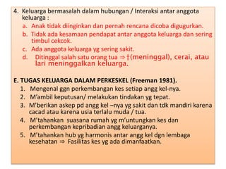 4. Keluarga bermasalah dalam hubungan / Interaksi antar anggota
keluarga :
a. Anak tidak diinginkan dan pernah rencana dicoba digugurkan.
b. Tidak ada kesamaan pendapat antar anggota keluarga dan sering
timbul cekcok.
c. Ada anggota keluarga yg sering sakit.
d. Ditinggal salah satu orang tua ⇒†(meninggal), cerai, atau
lari meninggalkan keluarga.
E. TUGAS KELUARGA DALAM PERKESKEL (Freeman 1981).
1. Mengenal ggn perkembangan kes setiap angg kel-nya.
2. M’ambil keputusan/ melakukan tindakan yg tepat.
3. M’berikan askep pd angg kel –nya yg sakit dan tdk mandiri karena
cacad atau karena usia terlalu muda / tua.
4. M’tahankan suasana rumah yg m’untungkan kes dan
perkembangan kepribadian angg keluarganya.
5. M’tahankan hub yg harmonis antar angg kel dgn lembaga
kesehatan ⇒ Fasilitas kes yg ada dimanfaatkan.
 