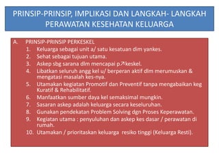 PRINSIP-PRINSIP, IMPLIKASI DAN LANGKAH- LANGKAH
PERAWATAN KESEHATAN KELUARGA
A. PRINSIP-PRINSIP PERKESKEL
1. Keluarga sebagai unit a/ satu kesatuan dim yankes.
2. Sehat sebagai tujuan utama.
3. Askep sbg sarana dlm mencapai p↗keskel.
4. Libatkan seluruh angg kel u/ berperan aktif dlm merumuskan &
mengatasi masalah kes-nya.
5. Utamakan kegiatan Promotif dan Preventif tanpa mengabaikan keg
Kuratif & Rehabilitatif.
6. Manfaatkan sumber daya kel semaksimal mungkin.
7. Sasaran askep adalah keluarga secara keseluruhan.
8. Gunakan pendekatan Problem Solving dgn Proses Keperawatan.
9. Kegiatan utama : penyuluhan dan askep kes dasar / perawatan di
rumah.
10. Utamakan / prioritaskan keluarga resiko tinggi (Keluarga Resti).
 