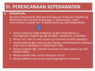 III. PERENCANAAN KEPERAWATAN
A. PENGERTIAN.
Rencana Keperawatan (Renpra) Keluarga ad. Kumpulan tindakan yg
ditentukan oleh perawat & Keluarga u/ dilaksanakan, untuk
memecahkan masalah kes & Keperawatan yg telah diidentifikasi
1. Renpra berpusat pada tindakan2 yg dpt memecahkan u/
meringankan masalah yg sdg dihadapi →pedoman u/tindakan.
2. Renpra ad. Hasil dr suatu proses yg sistematis & telah dipelajari.
3. Renpra berhub dgn masa yg akan datang, memanfaatkan peristiwa
masa lalu & sekarang u/ menentukan arah.
4. Renpra b’kaitan dgn masalah kesehatan & keperawatan yg telah
teridentifikasi.
5. Renpra adalah Jalan untuk mencapai tujuan.
6. Renpra adalah suatu proses yg b’langsung terus menerus.
 