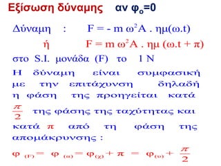 Εξίσωση δύναμης αν φο=0
2
2
στο S.I. μονάδα (F) το 1 N
ή F = m ω A . ημ (ω.t + π)
Δύναμη : F = - m ω A . ημ(ω.t)
(
Η δύναμη είναι συμφασική
με την επιτάχυνση δηλαδή
η φάση της προηγείται κατά
της φάσης της ταχύτητας και
κατά από τη φάση της
απομάκρυνσης :
2
π
φ

F) (α) (χ) (υ)
= φ = φ + π = φ +
2

 