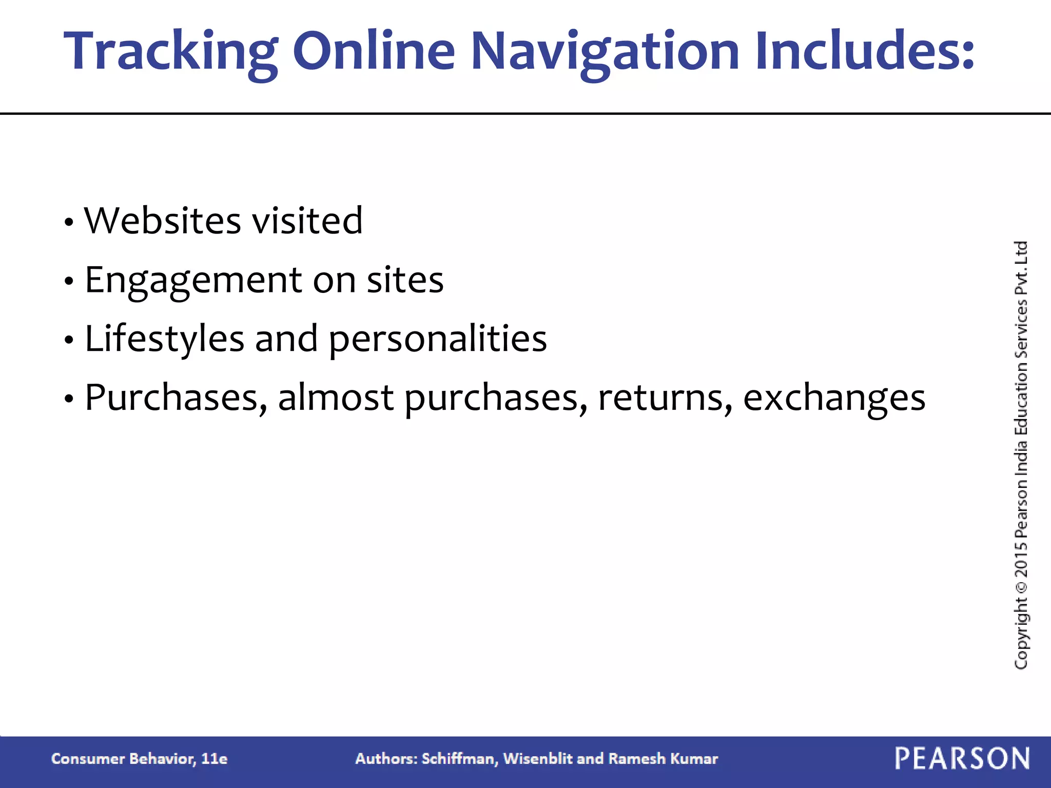 • Websites visited
• Engagement on sites
• Lifestyles and personalities
• Purchases, almost purchases, returns, exchanges
Tracking Online Navigation Includes:
 