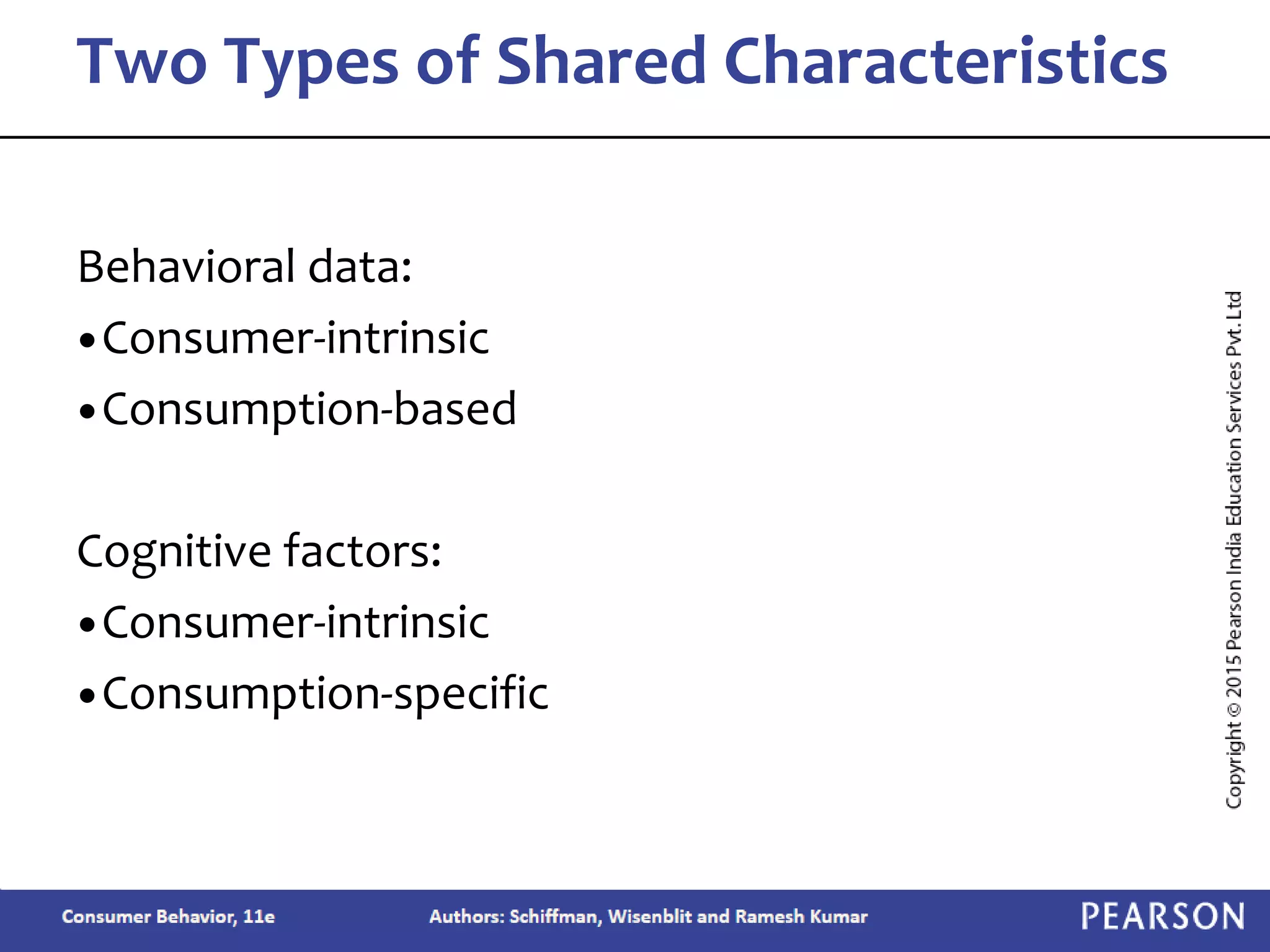 Behavioral data:
•Consumer-intrinsic
•Consumption-based
Cognitive factors:
•Consumer-intrinsic
•Consumption-specific
Two Types of Shared Characteristics
 