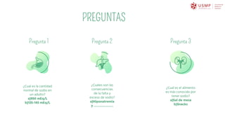 PREGUNTAS
Pregunta 3
¿Cual es el alimento
es más conocido por
tener sodio?
a)Sal de mesa
b)Snacks
Pregunta 2
¿Cuales son las
consecuencias
de la falta y
exceso de sodio?
a)Hiponatremia
y ………………
Pregunta 1
¿Cual es la cantidad
normal de sodio en
un adulto?
a)950 mEq/L
b)135-145 mEq/L
 