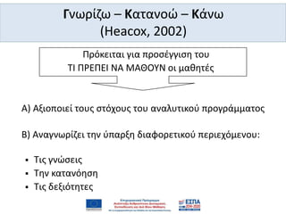 Γνωρίζω – Κατανοώ – Κάνω
(Heacox, 2002)
Πρόκειται για προσέγγιση του
ΤΙ ΠΡΕΠΕΙ ΝΑ ΜΑΘΟΥΝ οι μαθητές
Α) Αξιοποιεί τους στόχους του αναλυτικού προγράμματος
Β) Αναγνωρίζει την ύπαρξη διαφορετικού περιεχόμενου:
 Τις γνώσεις
 Την κατανόηση
 Τις δεξιότητες
 