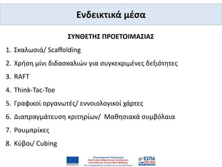 Ενδεικτικά μέσα
ΣΥΝΘΕΤΗΣ ΠΡΟΕΤΟΙΜΑΣΙΑΣ
1. Σκαλωσιά/ Scaffolding
2. Χρήση μίνι διδασκαλιών για συγκεκριμένες δεξιότητες
3. RAFT
4. Think-Tac-Toe
5. Γραφικοί οργανωτές/ εννοιολογικοί χάρτες
6. Διαπραγμάτευση κριτηρίων/ Μαθησιακά συμβόλαια
7. Ρουμπρίκες
8. Κύβοι/ Cubing
 