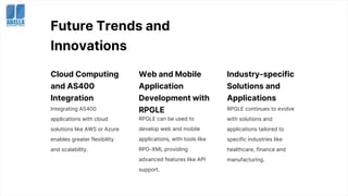 Future Trends and
Innovations
Cloud Computing
and AS400
Integration
Integrating AS400
applications with cloud
solutions like AWS or Azure
enables greater flexibility
and scalability.
Web and Mobile
Application
Development with
RPGLE
RPGLE can be used to
develop web and mobile
applications, with tools like
RPG-XML providing
advanced features like API
support.
Industry-specific
Solutions and
Applications
RPGLE continues to evolve
with solutions and
applications tailored to
specific industries like
healthcare, finance and
manufacturing.
 