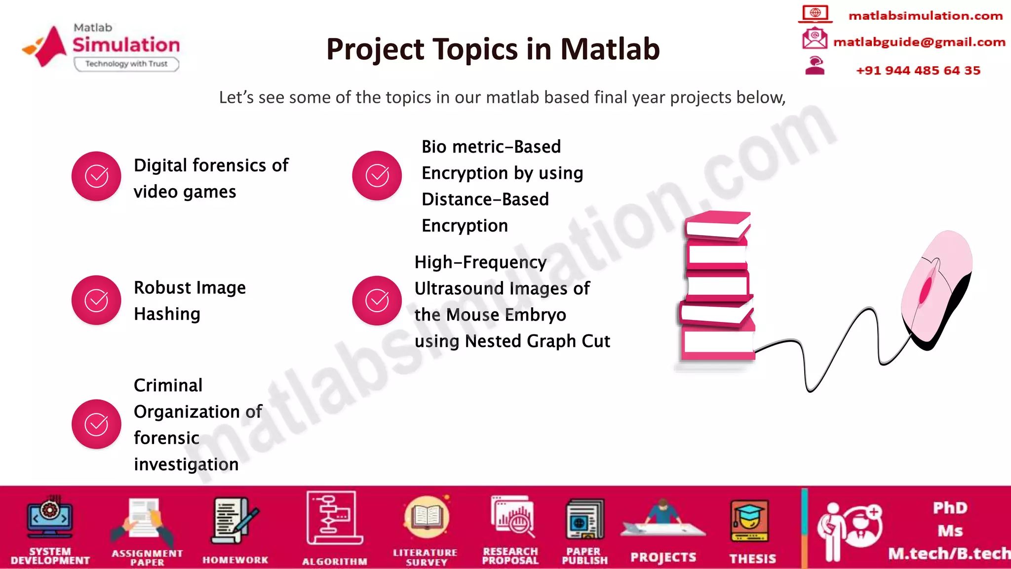 Project Topics in Matlab
Let’s see some of the topics in our matlab based final year projects below,
Digital forensics of
video games
Bio metric-Based
Encryption by using
Distance-Based
Encryption
Robust Image
Hashing
High-Frequency
Ultrasound Images of
the Mouse Embryo
using Nested Graph Cut
Criminal
Organization of
forensic
investigation