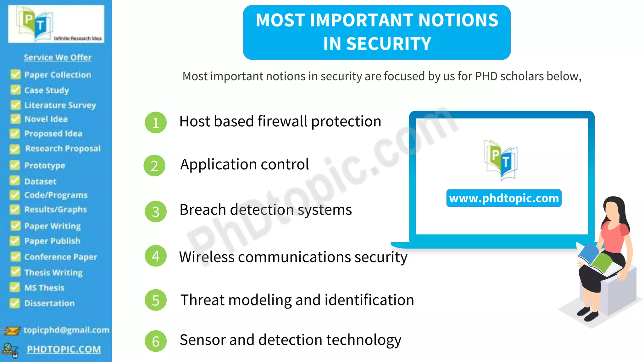 MOST IMPORTANT NOTIONS
IN SECURITY
Most important notions in security are focused by us for PHD scholars below,
1 Host based firewall protection
4
2
3
5
6
Application control
Breach detection systems
Wireless communications security
Threat modeling and identification
Sensor and detection technology
www.phdtopic.com
 