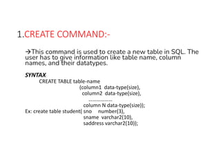 1.CREATE COMMAND:-
This command is used to create a new table in SQL. The
user has to give information like table name, column
names, and their datatypes.
SYNTAX:
CREATE TABLE table-name
(column1 data-type(size),
column2 data-type(size),
………………
column N data-type(size));
Ex: create table student( sno number(3),
sname varchar2(10),
saddress varchar2(10));
 
