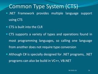 Common Type System (CTS)
 .NET Framework provides multiple language support
using CTS
 CTS is built into the CLR
 CTS supports a variety of types and operations found in
most programming languages, so calling one language
from another does not require type conversion
 Although C# is specially designed for .NET programs, .NET
programs can also be build in VC++, VB.NET
NK SGGS-26 24
 
