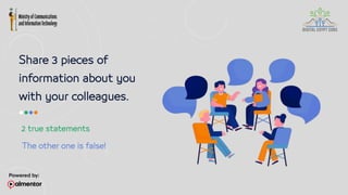 Share 3 pieces of
information about you
with your colleagues.
The other one is false!
2 true statements
 