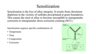 Sensitization
Sensitization is the loss of alloy integrity. It results from chromium
depletion in the vicinity of carbides precipitated at grain boundaries.
This causes the steel or alloy to become susceptible to intergranular
corrosion or intergranular stress corrosion cracking (SCC).
Sensitization requires specific combinations of:
• Temperature
• Time
• Composition
• Corrosion
 