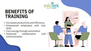 BENEFITS OF
TRAINING
• Increased productivity and efficiency
• Empowered employees with new
skills
• Cost savings through automation
• Improved collaboration and
communication
 