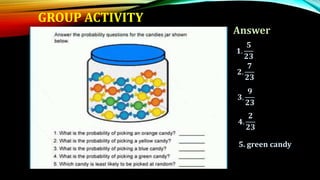 GROUP ACTIVITY
𝟏.
𝟓
𝟐𝟑
𝟒.
𝟐
𝟐𝟑
𝟐.
𝟕
𝟐𝟑
𝟑.
𝟗
𝟐𝟑
5. green candy
Answer
 