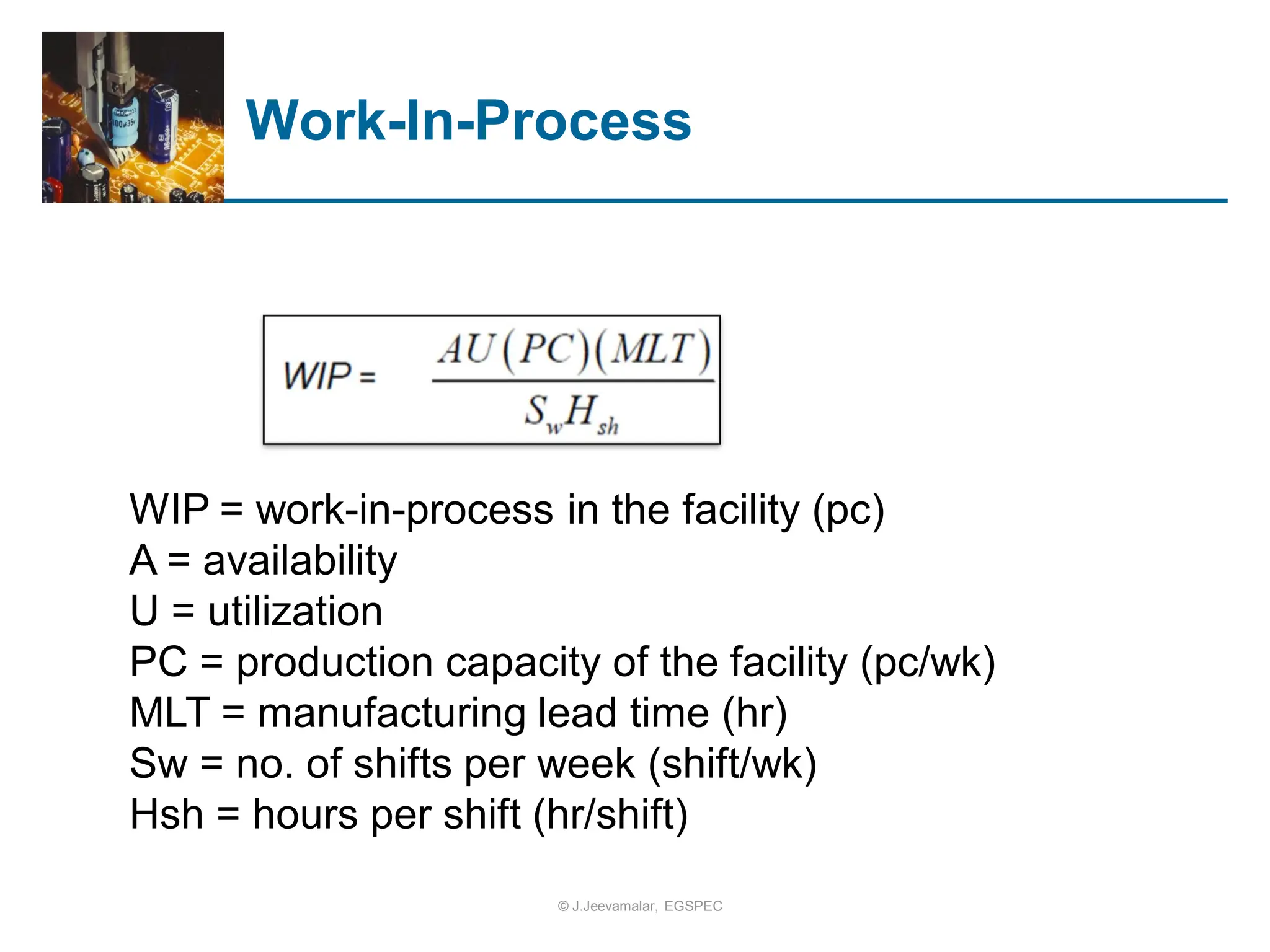 Work-In-Process
WIP = work-in-process in the facility (pc)
A = availability
U = utilization
PC = production capacity of the facility (pc/wk)
MLT = manufacturing lead time (hr)
Sw = no. of shifts per week (shift/wk)
Hsh = hours per shift (hr/shift)
© J.Jeevamalar, EGSPEC
 