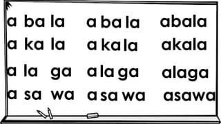 a abala
akala
alaga
asawa
ba la a ba la
a ka la a kala
a la ga ala ga
a sa wa asa wa
 