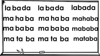 la labada
mahaba
mababa
mataba
bada la bada
ma ha ba ma ha ba
ma baba ma baba
ma ta ba ma ta ba
 