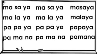ma masaya
malaya
pa papaya
pamana
sa ya ma sa ya
ma la ya ma la ya
pa ya pa pa ya
pa ma na pa ma na
 