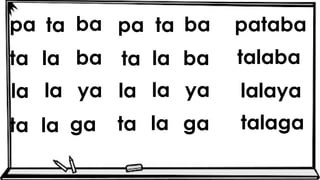 pa pataba
talaba
la lalaya
talaga
ta ba pa ta ba
ta la ba ta la ba
la ya la la ya
ta la ga ta la ga
 