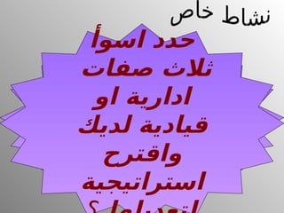 ‫اسوأ‬ ‫حدد‬
‫صفات‬ ‫ثالث‬
‫او‬ ‫ادارية‬
‫لديك‬ ‫قيادية‬
‫واقترح‬
‫استراتيجية‬
 