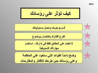 ‫رؤسائك‬ ‫على‬ ‫تؤثر‬ ‫كيف‬
‫مسئولياتك‬ ‫وتحمل‬ ‫بواجـبـك‬ ‫قــم‬
‫ووضوح‬ ‫باختصار‬ ‫أفكارك‬ ‫أطرح‬
‫استخدم‬ - ‫إدارتك‬ ‫في‬ ‫فقط‬ ‫الحقائق‬ ‫على‬ ‫تعتمد‬ ‫ال‬
‫التسويقية‬ ‫مهاراتك‬
‫المنظمة‬ ‫على‬ ‫ستعود‬ ‫التي‬ ‫الفوائد‬ ً
‫ا‬‫دائم‬ ‫وضح‬
‫والمقترحات‬ ‫لألفكار‬ ‫طرحك‬ ‫حين‬ ‫رؤسائك‬ ‫وعلى‬
26/21
 