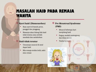 MASALAH HAID PADA REMAJA
WANITA
 Nyeri haid (Dismenorhea)
 Rasa nyeri di bawah perut,
panggul dan pinggang
 Biasanya akan hilang bila haid
telah teratur, atau setelah
menikah dan melahirkan
 Haid tidak teratur
 Umumnya muncul di awal
dapat haid
 Bila remaja terlalu letih, sakit
atau cemas
 Pre Menstrual Syndrome
(PMS)
 Muncul beberapa hari
menjelang haid
 Gugup, mudah tersinggung,
dan lekas marah
 Timbul jerawat
 