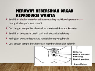 MERAWAT KEBERSIHAN ORGAN
REPRODUKSI WANITA
 Bersihkan alat kelamin dan sekitarnya paling sedikit setiap setelah
buang air dan pada saat mandi
 Cuci tangan sampai bersih sebelum membersihkan alat kelamin
 Bersihkan dengan air bersih dari arah depan ke belakang
 Keringkan dengan tissue atau handuk kering yang bersih
 Cuci tangan sampai bersih setelah membersihkan alat kelamin
Anus/Dubur
 