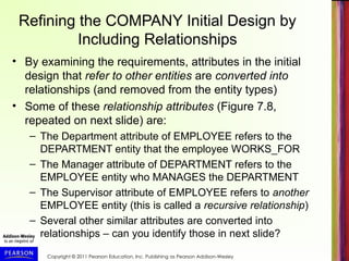 Copyright © 2011 Pearson Education, Inc. Publishing as Pearson Addison-Wesley
Refining the COMPANY Initial Design by
Including Relationships
• By examining the requirements, attributes in the initial
design that refer to other entities are converted into
relationships (and removed from the entity types)
• Some of these relationship attributes (Figure 7.8,
repeated on next slide) are:
– The Department attribute of EMPLOYEE refers to the
DEPARTMENT entity that the employee WORKS_FOR
– The Manager attribute of DEPARTMENT refers to the
EMPLOYEE entity who MANAGES the DEPARTMENT
– The Supervisor attribute of EMPLOYEE refers to another
EMPLOYEE entity (this is called a recursive relationship)
– Several other similar attributes are converted into
relationships – can you identify those in next slide?
 