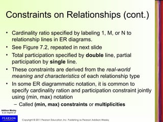 Copyright © 2011 Pearson Education, Inc. Publishing as Pearson Addison-Wesley
Constraints on Relationships (cont.)
• Cardinality ratio specified by labeling 1, M, or N to
relationship lines in ER diagrams.
• See Figure 7.2, repeated in next slide
• Total participation specified by double line, partial
participation by single line.
• These constraints are derived from the real-world
meaning and characteristics of each relationship type
• In some ER diagrammatic notation, it is common to
specify cardinality ration and participation constraint jointly
using (min, max) notation
– Called (min, max) constraints or multiplicities
 