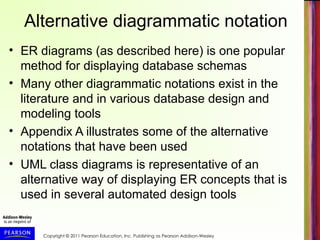 Copyright © 2011 Pearson Education, Inc. Publishing as Pearson Addison-Wesley
Alternative diagrammatic notation
• ER diagrams (as described here) is one popular
method for displaying database schemas
• Many other diagrammatic notations exist in the
literature and in various database design and
modeling tools
• Appendix A illustrates some of the alternative
notations that have been used
• UML class diagrams is representative of an
alternative way of displaying ER concepts that is
used in several automated design tools
 