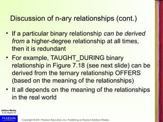 Copyright © 2011 Pearson Education, Inc. Publishing as Pearson Addison-Wesley
Discussion of n-ary relationships (cont.)
• If a particular binary relationship can be derived
from a higher-degree relationship at all times,
then it is redundant
• For example, TAUGHT_DURING binary
relationship in Figure 7.18 (see next slide) can be
derived from the ternary relationship OFFERS
(based on the meaning of the relationships)
• It all depends on the meaning of the relationships
in the real world
 