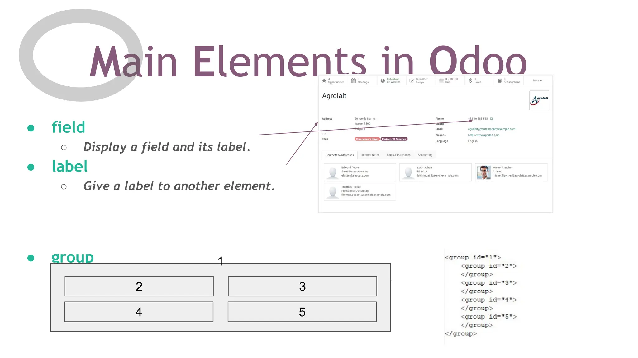 Main Elements in Odoo
● field
○ Display a field and its label.
● label
○ Give a label to another element.
● group
○ Gather elements within the same part of the screen.
1
2 3
4 5
 