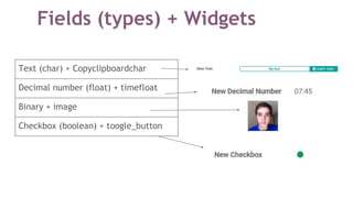 Fields (types) + Widgets
Text (char) + Copyclipboardchar
Decimal number (float) + timefloat
Binary + image
Checkbox (boolean) + toogle_button
 