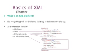 Element
● What is an XML element?
● It’s everything from the element’s start tag to the element’s end tag.
● An element can contain:
→ Attributes
→ Text
→ Other elements
→ A mix of the above
Basics of XML
 
