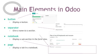 Main Elements in Odoo
● button
○ Display a button.
● separator
○ Give a name to a section.
● notebook
○ Display a sub-section in the form view.
● page
○ Display a tab in a notebook.
 