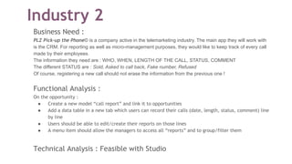 Industry 2
Business Need :
PLZ Pick-up the Phone© is a company active in the telemarketing industry. The main app they will work with
is the CRM. For reporting as well as micro-management purposes, they would like to keep track of every call
made by their employees.
The information they need are : WHO, WHEN, LENGTH OF THE CALL, STATUS, COMMENT
The different STATUS are : Sold, Asked to call back, Fake number, Refused
Of course, registering a new call should not erase the information from the previous one !
Functional Analysis :
On the opportunity :
● Create a new model “call report” and link it to opportunities
● Add a data table in a new tab which users can record their calls (date, length, status, comment) line
by line
● Users should be able to edit/create their reports on those lines
● A menu item should allow the managers to access all “reports” and to group/filter them
Technical Analysis : Feasible with Studio
 