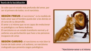 Se sabe que el estado más profundo del amor, por
ser el primero de todos, es el narcisista.
SEGÚN FREUD, el narcisismo* es la medida de
todo amor que el hombre pueda dar a los demás en
el curso de su desarrollo.
El amor a sí mismo que no es capaz de evolucionar
es patológico y se llama Autismo.
El narcisismo es un estado transitorio normal y el
autismo una perturbación que hace a las personas
incapaces de amar.
SEGÚN CARUSO, el narcisismo es más bien la
fuente de todo amor y el autismo, un narcisismo
malogrado que presenta rasgos patológicos.
*Narcisismo=amor a sí mismo
Teoría de la Socialización
 