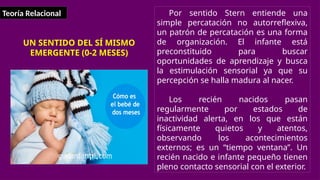 Teoría Relacional Por sentido Stern entiende una
simple percatación no autorreflexiva,
un patrón de percatación es una forma
de organización. El infante está
preconstituido para buscar
oportunidades de aprendizaje y busca
la estimulación sensorial ya que su
percepción se halla madura al nacer.
Los recién nacidos pasan
regularmente por estados de
inactividad alerta, en los que están
físicamente quietos y atentos,
observando los acontecimientos
externos; es un “tiempo ventana”. Un
recién nacido e infante pequeño tienen
pleno contacto sensorial con el exterior.
UN SENTIDO DEL SÍ MISMO
EMERGENTE (0-2 MESES)
 