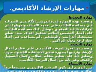 *
.‫األكاديمي‬ ‫اإلرشاد‬ ‫مهارات‬
:‫التخطيط‬ ‫مهارة‬
‫ة‬3
3‫المتمثل‬ ‫ي‬3
3‫األكاديم‬ ‫د‬3
3‫المرش‬ ‫قدرة‬ ‫المهارة‬ ‫بهذه‬ ‫د‬3
3‫ونقص‬
‫ى‬3‫إل‬ ‫ا‬3‫وتحويله‬ ‫األهداف‬ ‫د‬3‫تحدي‬ ‫ى‬3‫عل‬ ‫ب‬3‫الطال‬ ‫اعدة‬3‫مس‬ ‫ي‬3‫ف‬
‫ب‬3
3‫الطال‬ ‫اعدة‬3
3‫مس‬ ‫ك‬3
3‫ذل‬ ‫ومثال‬ ، ‫ق‬3
3‫للتحقي‬ ‫ة‬3
3‫قابل‬ ‫إجراءات‬
‫ق‬3‫تتعل‬ ‫بعيدة‬ ‫أهداف‬ ‫ق‬3‫لتحقي‬ ‫م‬3‫المالئ‬ ‫ص‬3‫التخص‬ ‫اختيار‬ ‫ى‬3‫عل‬
‫إعداد‬ ‫ي‬3‫ف‬ ‫اعدته‬3‫مس‬ ‫و‬3‫أ‬ ، ‫ي‬3‫والوظيف‬ ‫ي‬3‫الدراس‬ ‫تقبله‬3‫بمس‬
.‫التراكمي‬ ‫معدله‬ ‫لرفع‬ ‫خطة‬
:‫التنظيم‬ ‫مهارة‬
‫أعمال‬ ‫م‬3‫تنظي‬ ‫ى‬3‫عل‬ ‫ي‬3‫األكاديم‬ ‫د‬3‫المرش‬ ‫قدرة‬ ‫ا‬3‫به‬ ‫د‬3‫ويقص‬
،‫ا‬3‫منه‬ ‫وى‬3‫القص‬ ‫تفادة‬3‫االس‬ ‫ق‬3‫تحق‬ ‫ورة‬3‫بص‬ ‫ا‬3‫وترتيبه‬ ‫اإلرشاد‬
‫جيل‬3
‫س‬‫الت‬ ‫وأعمال‬ ‫الطالب‬ ‫ملفات‬ ‫م‬3
‫ي‬‫تنظ‬ ‫ى‬3
‫ل‬‫ع‬ ‫ك‬3
‫ل‬‫ذ‬ ‫ق‬3
‫ب‬‫وينط‬
.‫األكاديمي‬ ‫المرشد‬ ‫أعمال‬ ‫من‬ ‫ذلك‬ ‫وغير‬ ‫والحذف‬
:‫االستماع‬ ‫مهارة‬
ً‫جيدا‬ ً‫تمعا‬33‫مس‬ ‫ي‬33‫األكاديم‬ ‫د‬33‫المرش‬ ‫يكون‬ ‫ن‬33‫أ‬ ‫م‬33‫المه‬ ‫ن‬33‫م‬
 