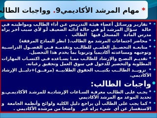 
‫ي‬3‫ف‬ ‫ه‬3‫ومواظبت‬ ‫ب‬3‫الطال‬ ‫أداء‬ ‫ن‬3‫ع‬ ‫س‬3‫التدري‬ ‫ة‬3‫هيئ‬ ‫أعضاء‬ ‫ائل‬3‫ورس‬ ‫ر‬3‫تقاري‬ *
‫يراه‬ ‫ر‬3‫أخ‬ ‫بب‬3‫س‬ ‫ي‬3‫أل‬ ‫و‬3‫أ‬ ‫ف‬3‫الضعي‬ ‫ه‬3‫أدائ‬ ‫ة‬3‫حال‬ ‫ي‬3‫ف‬ ‫و‬3‫أ‬ ‫د‬3‫المرش‬ ‫ؤال‬3‫س‬ ‫ة‬3‫حال‬
. ‫الطالب‬ ‫فيها‬ ‫المسجل‬ ‫المادة‬ ‫مدرس‬

)‫المرفقة‬ ‫النماذج‬ ‫انظر‬ (.‫الطالب‬ ‫مع‬ ‫المرشد‬ ‫اجتماعات‬ ‫محاضر‬ *

‫ية‬33‫الدراس‬ ‫ول‬33‫الفص‬ ‫ي‬33‫ف‬ ‫ة‬33‫وتقدم‬ ‫ب‬33‫للطال‬ ‫ي‬33‫العلم‬ ‫يل‬33‫التحص‬ ‫ة‬33‫متابع‬ *
.‫التحصيل‬ ‫هذا‬ ‫يخدم‬ ‫بما‬ ‫وتربويا‬ ‫أكاديميا‬ ‫ومساعدته‬ ‫وتوجيهه‬

‫المهارات‬ ‫اب‬3
3‫اكتس‬ ‫ي‬3
3‫ف‬ ‫اعده‬3
3‫يس‬ ‫ا‬3
3‫مم‬ ‫ب‬3
3‫للطال‬ ‫واإلرشاد‬ ‫ح‬3
3‫النص‬ ‫م‬3
3‫تقدي‬ *
.‫رغباته‬ ‫وتحقيق‬ ‫العمل‬ ‫سوق‬ ‫في‬ ‫للدخول‬ ‫والتحضير‬ ‫المطلوبة‬

‫اإلرشاد‬ ‫ل‬333‫دلي‬+)‫ق‬333‫(مرف‬ ‫ة‬333‫الطالبي‬ ‫الحقوق‬ ‫ب‬333‫بكتي‬ ‫ب‬333‫الطال‬ ‫د‬333‫تزوي‬ *
.‫األكاديمي‬

:‫الطالب‬ ‫واجبات‬

‫و‬,‫ي‬3‫األكاديم‬ ‫د‬3‫للمرش‬ ‫ة‬3‫اإلرشادي‬ ‫اعات‬3‫الس‬ ‫ة‬3‫معرف‬ ‫ب‬3‫الطال‬ ‫ى‬3‫عل‬ ‫ب‬3‫يج‬ *
‫األكاديمي‬ ‫المرشد‬ ‫مع‬ ‫الموعد‬ ‫تحديد‬

‫و‬ ‫ة‬3
‫ع‬‫الجام‬ ‫ة‬3
‫م‬‫وأنظ‬ ‫ح‬3
‫ئ‬‫ولوا‬ ‫ة‬3
‫ي‬‫الكل‬ ‫ل‬3
‫ي‬‫دل‬ ‫ع‬3
‫ج‬‫يرا‬ ‫ن‬3
‫أ‬ ‫ب‬3
‫ل‬‫الطا‬ ‫ى‬3
‫ل‬‫ع‬ ‫ب‬3
‫ج‬‫ي‬ ‫ا‬3
‫م‬‫ك‬ *
. ‫األكاديمي‬ ‫مرشده‬ ‫من‬ ‫واضحا‬ ‫غير‬ ‫يراه‬ ‫شيء‬ ‫أي‬ ‫عن‬ ‫االستفسار‬
*
‫األكاديمي‬ ‫المرشد‬ ‫مهام‬
9
.
‫الطالب‬ ‫وواجبات‬
 